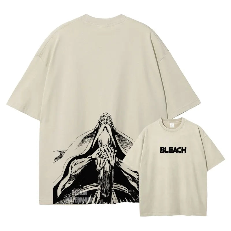 Beige t-shirt with black graphic design and 'BLEACH' text on a white background